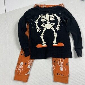 Skeleton Halloween Boy's Girl's Size 4 pajama Set loungewear Orange Slippers Web